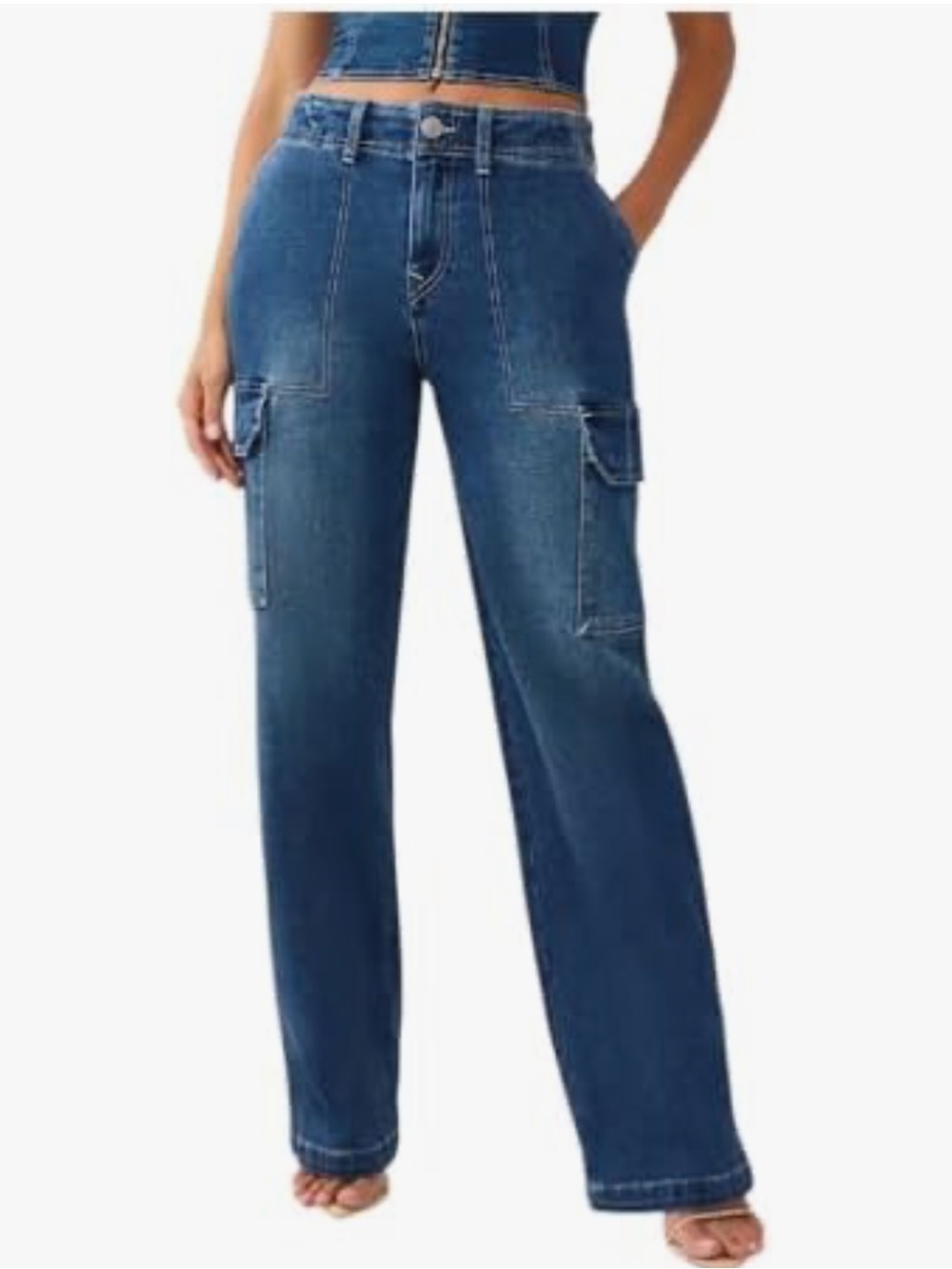 NWT TRUE RELIGION Women's Denim Cargo Jeans Straight Medium Blaze Wash Size 26 - Picture 2 of 16